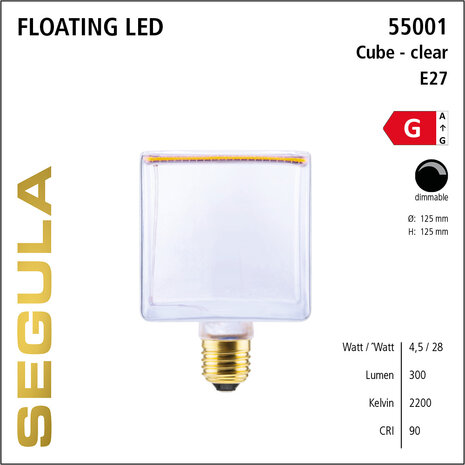 Segula Floating LED Cube Clear SG-55001 E27 4.5W | 125mm Dimbaar
