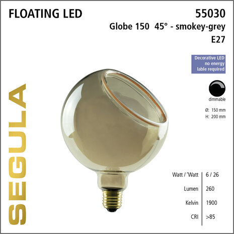Segula Floating LED Smokey Grey SG-55030 Globelamp E27 6W 45&deg; | 150mm Dimbaar