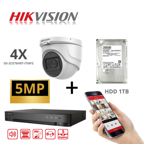 HIKVISION Set Camera CCTV Turbo-HD 5 MP AUDIO DVR 4 Kanaals - 4x 5MP Audio Turret Camera Binnen/Buiten 1TB HDD