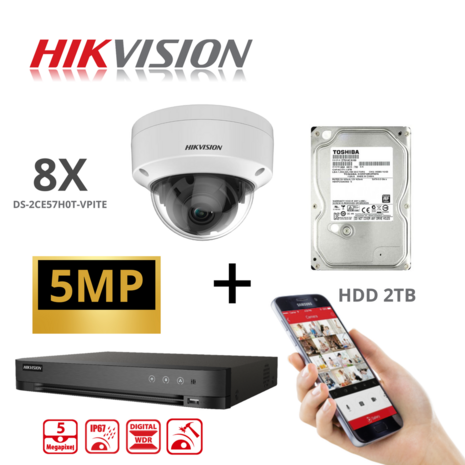 HIKVISION Set 8x Camera Turbo-HD 5 MP DVR 8 Channel - 8x 5MP Dome Camera Indoor/Outdoor 2TB HDD