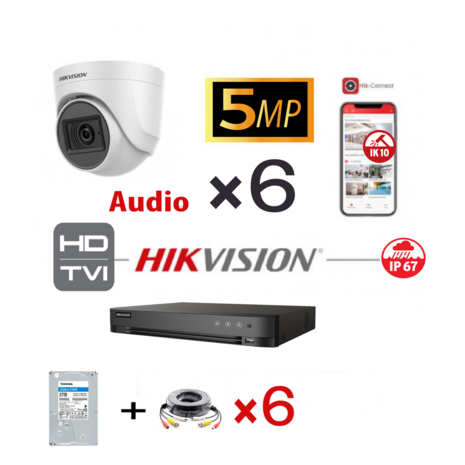 HIKVISION Turbo-HD 5 MP DVR 8CH HD Kit - 6x 5MP White Audio Turret Camera - 2TB HDD