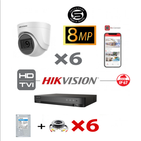 HIKVISION Turbo-HD 6xCamera 8MP-4K DVR 8CH HD Kit - 6x 8MP White Turret Camera Indoor/Outdoor- 4TB HDD