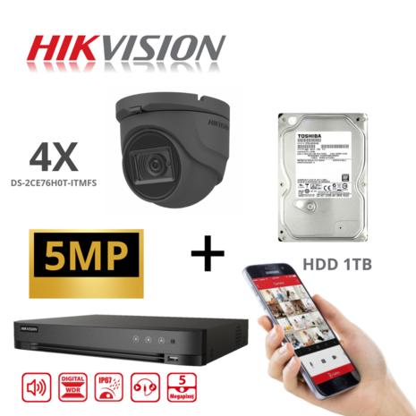 HIKVISION Set Camera Turbo-HD 5 MP 4x Camera - DVR 4 Channel - 4x 5MP Audio Turret Camera Black Indoor/Outdoor 1TB HDD