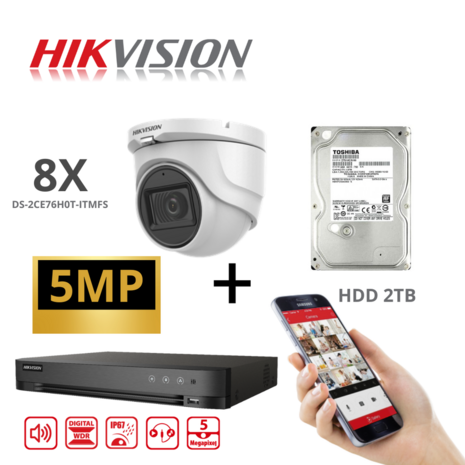 HIKVISION Set 8x Camera Turbo-HD 5 MP AUDIO DVR 8 Channel - 8x 5MP Audio Turret Camera Indoor/Outdoor 2TB HDD