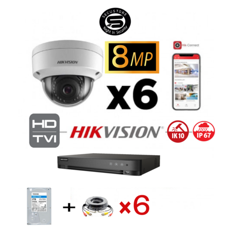 HIKVISION Set 8MP-4K Turbo-HD DVR 8 Channel - 6x 8MP Dome Antivandal Camera Indoor/Outdoor 4TB HDD