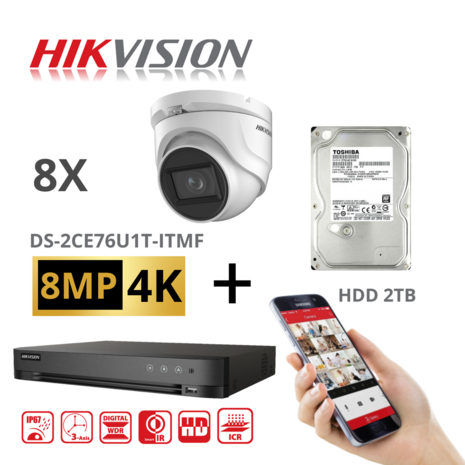 HIKVISION Set 8MP-4K Turbo-HD DVR 8 Channel - 8x 8MP Turret Camera Indoor/Outdoor 2TB HDD