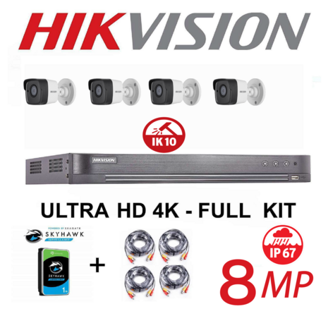 HIKVISION Set 8MP-4K Turbo-HD DVR 4 Channel - 4x 8MP Bullet Camera Indoor/Outdoor 2TB HDD