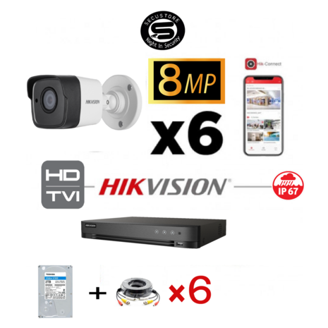 HIKVISION Set 8MP-4K Turbo-HD DVR 8 Channel - 6x 8MP Bullet Camera Indoor/Outdoor 4TB HDD