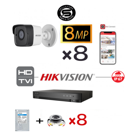 HIKVISION Set 8MP-4K Turbo-HD DVR 8 Channel - 8x 8MP Bullet Camera Indoor/Outdoor 4TB HDD