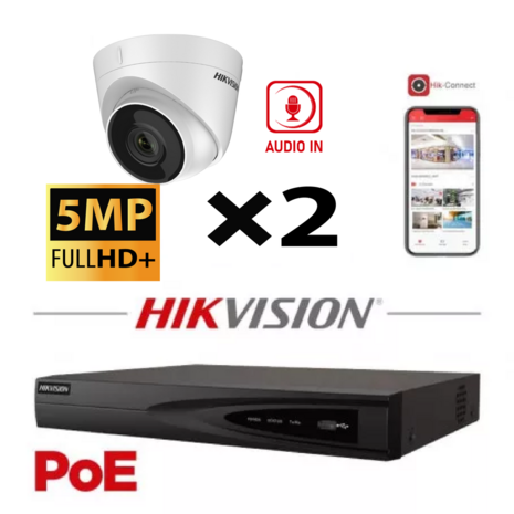 HIKVISION IP Camera Kit 2x Camera Turret Lite Serie 2.8mm Audio In 5MP NVR 8xChannel POE- Hard Disk 2Tb To Max 8x Camera