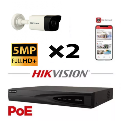 HIKVISION IP Camera Kit 2x Camera Lite Serie 5MP NVR 4xChannel POE- Hard Disk 2Tb To Max 8x Camera
