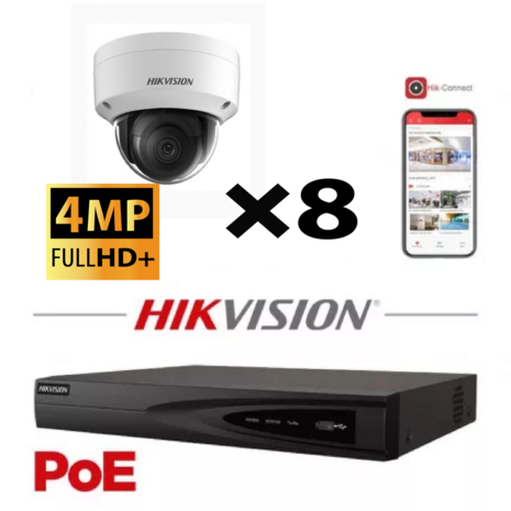 HIKVISION IP Camera Kit 8x Camera Lite Serie 4MP NVR 8xChannel POE- Hard Disk 4Tb
