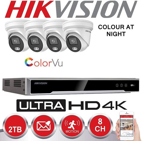 HIKVISION IP Surveillance Kit 4x Colorvu G1 Pro IP Camera&#039;s 4 MP Vaste Lens IR 30M + NVR HIKVISION 8 Ch - harde schijf Voorge&iuml;nstalleerd 2TB