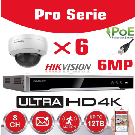 HIKVISION 6MP Pro Series Surveillance Camera Kit - NVR 8Ch 4K UHD IP POE - 6x 6MP IP DOME CAMERA Pro-Serie In/Outdoor Nachtzicht IR tot 30m - 4TB HDD-opslag