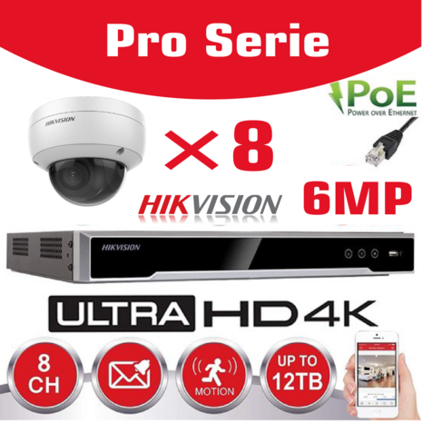 HIKVISION 6MP Pro Series Surveillance Camera Kit - NVR 16Ch 4K UHD IP POE - 8x 6MP IP DOME CAMERA Pro-Serie In/Outdoor Nachtzicht IR tot 30m - 4TB HDD-opslag