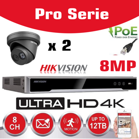 HIKVISION 8MP Bewakingscamera Kit Pro Serie - NVR 4Ch 4K UHD IP POE - 2x 8MP IP TURRET CAMERA Pro-Serie In/Buiten Nachtzicht IR Tot 30m - 2TB HDD Opslag