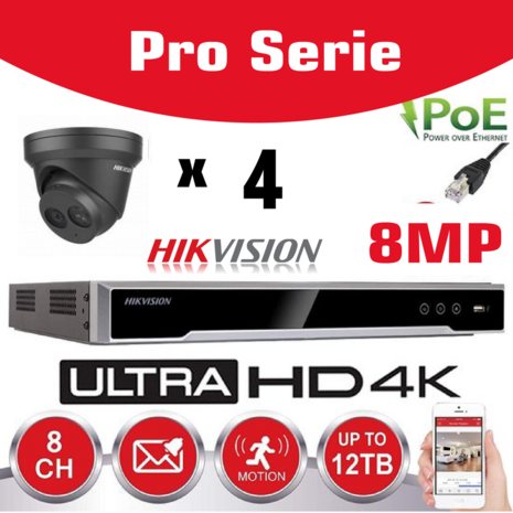 HIKVISION 8MP Pro Series Surveillance Camera Kit - NVR 8Ch 4K UHD IP POE - 4x TURRET CAMERA Zwart IP 8MP Pro-Serie In/Outdoor Nachtzicht IR Tot 30m - 2TB HDD-opslag