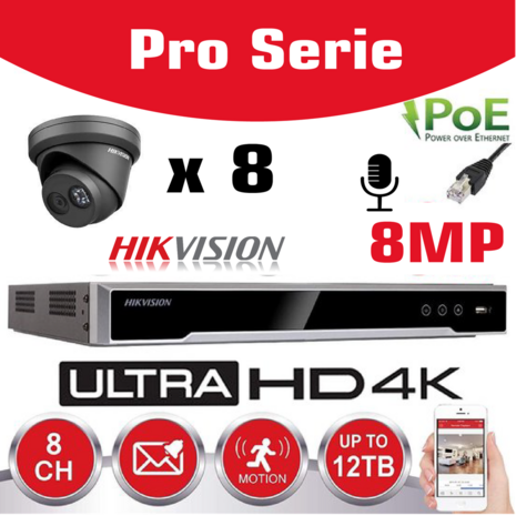 HIKVISION 8MP Pro Series Surveillance Camera Kit - NVR 8Ch 4K UHD IP POE - 8x TURRET CAMERA Zwart IP 8MP Pro-Serie In/Outdoor Nachtzicht IR Tot 30m - 4TB HDD-opslag