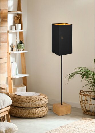 Reality - LED Vloerlamp - Vloerverlichting - E27 Fitting - Rechthoek - Zwart/Goud - Hout