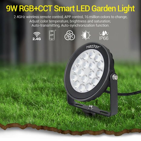 Mi-Light Mi-Boxer - (FUTC02) - LED Tuinlamp 9W RGB+CCT - Prikspot - Tuinspot - Dimbaar - Alle kleuren mogelijk - Warm wit licht tot koud wit licht - Waterdicht - IP66 - Smart verlichting - Smart lamp