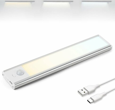 SEWERYN Led Kastverlichting met bewegingssensor, 320mm, USB-C Oplaadbaar, Magnetisch, , Keukenverlichting Led, Kastverlichting op Batterij, Zilver