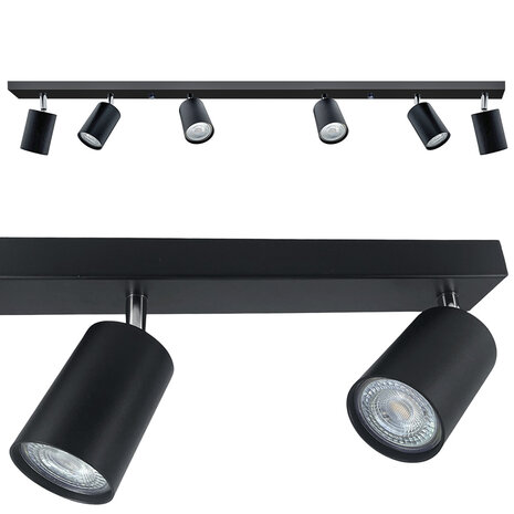 BORDO - Plafondspot mat zwart - 6 verstelbare spots - GU10 aansluiting - woonkamer, slaapkamer of keuken - 1200mm