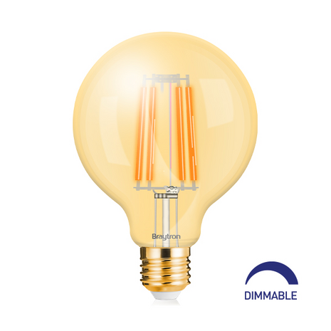 BRAYTRON-LED LAMP-WARM WHITE AMBER -DIMBAAR-ADVANCE-6W-E27-G95-2200K-ENERGY BESPAREND-SFEERLAMP-GLAS