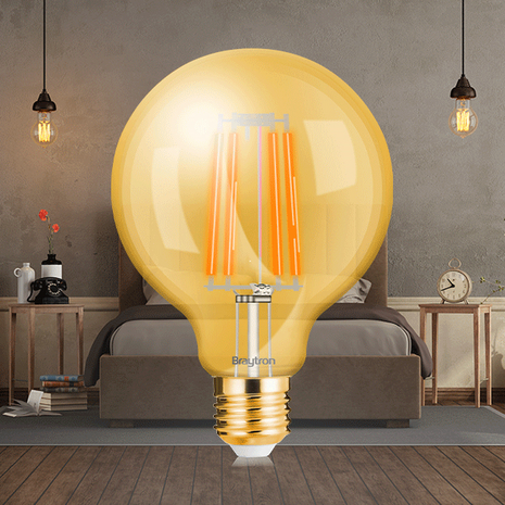 BRAYTRON-LED LAMP-WARM WHITE AMBER -DIMBAAR-ADVANCE-6W-E27-G95-2200K-ENERGY BESPAREND-SFEERLAMP-GLAS