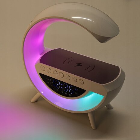 G -  Led Tafellamp / Nachtlamp RGB gaming-bureaulamp SPEAKER RADIO INDUCTIELADER KLOK - Wit - 235mm
