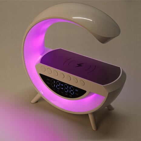 G -  Led Tafellamp / Nachtlamp RGB gaming-bureaulamp SPEAKER RADIO INDUCTIELADER KLOK - Wit - 235mm