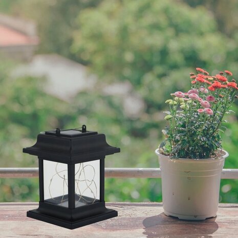 FRED - LED Solar tuinlantaarn Hanglamp / Tafellamp - Tuin balkonlamp - Sfeerlamp - Warm Wit - Zwart