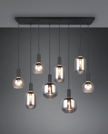 DIVA - Hanglamp 8 x E27 Fitting - Verchroomd glas - zwart mat