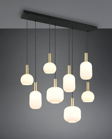 DIVA - Hanglamp 8 x E27 Fitting - Wit glas -Messing mat