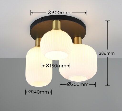 DIVA - Plafondlamp 3 x E27 Fitting - Wit glas -Messing mat