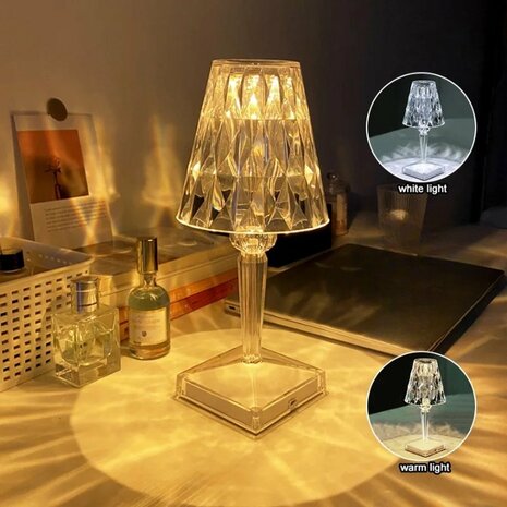 DABI LED Kristal lamp - Nachtlamp - Tafellamp - Sfeerlamp &ndash; Aanpasbare Licht kleuren warm wit/koud wit &ndash; Touch Switch - Oplaadbaar