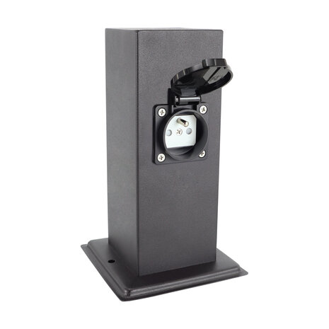 PORT - Buitenstopcontact op zuil met pinaarding - Stekkerdoos - 2 X 230V - Type E socket (Belgische versie) - IP44 weerbestendig - Mat zwart