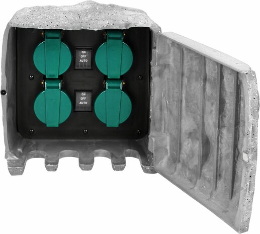 Tuincontactdoos Steenlook 4 - voudig - Buitenstopcontact 2P+Z, frans type -rubberen kabel H07RN-F 3x1.5mm&sup2; - Stekkerdoos buiten 3m kabellengte Schemering SENSOR