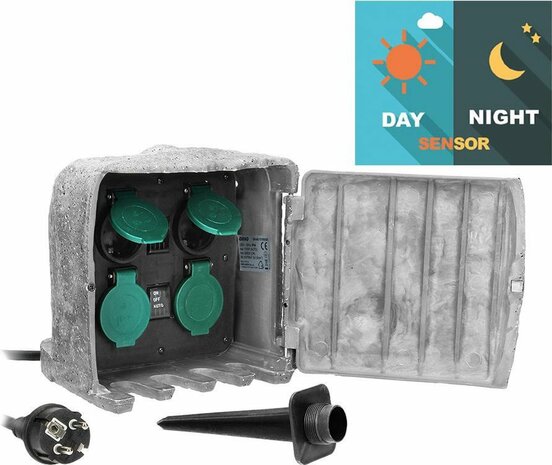 Buitenstopcontact steen look - 4 stopcontacten - Aan/uit knop - Schemersensor -IP44 - Kabellengte 3 meter - Grijs - VOOR NEDERLAND