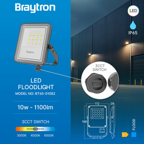 Braytron - LED Bouwlamp / Schijnwerper - 30w - CCT - Aanpasbare licht kleuren - 3000K,4000K,6000K - Waterdicht IP65 - Grijs