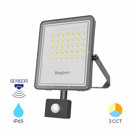 Braytron - LED Bouwlamp / Schijnwerper - met bewegings sensor - 30w - CCT - Aanpasbare licht kleuren - 3000K,4000K,6000K - Waterdicht IP65 - Grijs