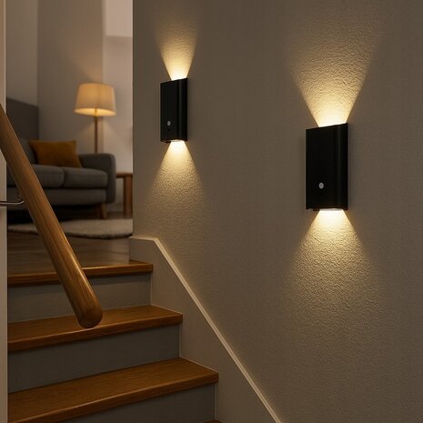 Oplaadbare wandlamp op accu draadloos - met bewegingssensor - CCT - Aanpasbare licht kleur - met batterijen indicator - trapverlichting - Zwart - GESCHIKT VOOR BINNEN