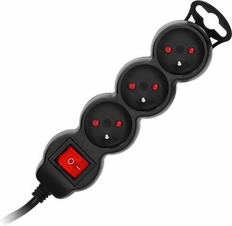 ORNO Stekkerdoos - Verlengsnoer -Verlengkabel - Met Pinaarde - 3x 2P+E met schakelaar - 5 meter H05VV-F 1x1,5mm2, Imax=16A, Zwart max 3680 watt- VOOR Belgi&euml;