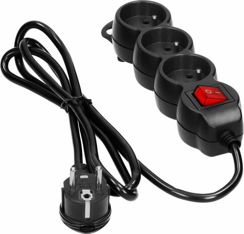 ORNO Stekkerdoos - Verlengsnoer -Verlengkabel - Met Pinaarde - 3x 2P+E met schakelaar - 5 meter H05VV-F 1x1,5mm2, Imax=16A, Zwart max 3680 watt- VOOR Belgi&euml;