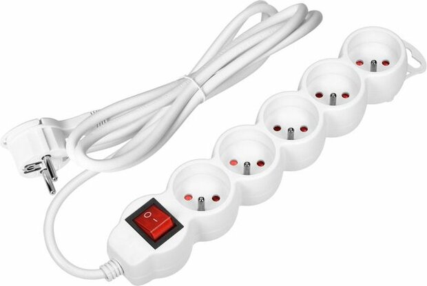 ORNO Stekkerdoos - Verlengsnoer-Verlengkabel - Met Penaarde - 5x 2P+E - 3 meter H05VV-F 1x1,5mm2, Imax=16A, wit max 3680 watt voor BELGIE