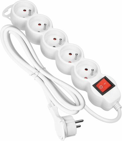 ORNO Stekkerdoos - Verlengsnoer-Verlengkabel - Met Penaarde - 5x 2P+E - 3 meter H05VV-F 1x1,5mm2, Imax=16A, wit max 3680 watt voor BELGIE