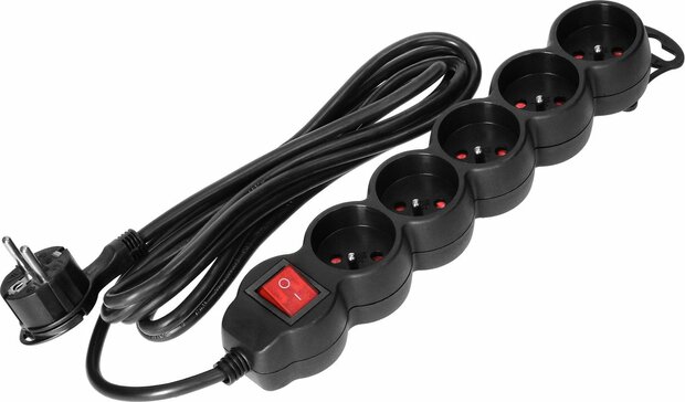 ORNO Stekkerdoos - Verlengsnoer -Verlengkabel - Met randaarde - 5 stopcontacten - 5 x 2P+E met schakelaar - 5 meter H05VV-F 1x1,5mm2, Imax=16A, Zwart max 3680 watt- VOOR Belgi&euml;