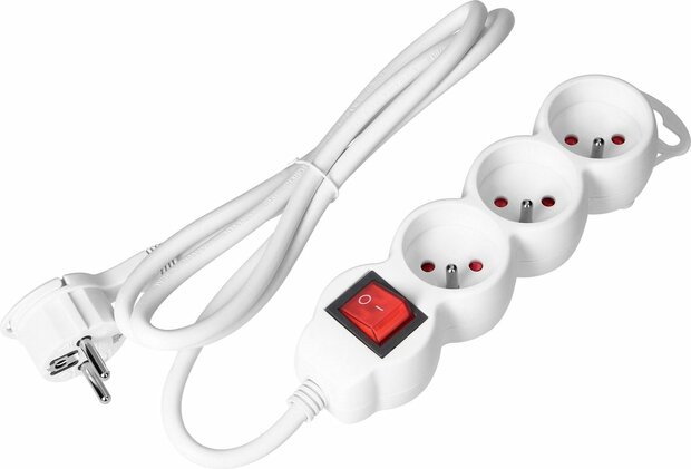 ORNO Stekkerdoos - Verlengsnoer-Verlengkabel - Met randaarde - 3x 2P+E met schakelaar, 3 meter H05VV-F 1x1,5mm2, Imax=16A, wit max 3680 watt