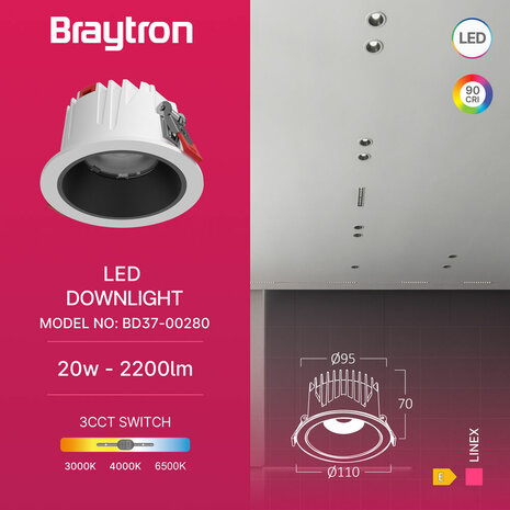 Braytron - LED inbouwlamp - 20W - Aanpasbare Kleur CCT - 2200 Lumen - Rond - Mat Wit - Buiten Diameter 110 mm