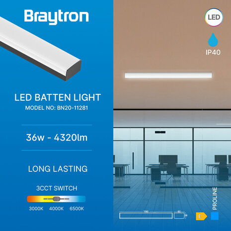 BRAYTRON PROLINE - Led Batten - Led Balk - Plafondlamp - 36W - 120cm - Aanpasbare licht kleur 3000/4000/6000K - IP40 - Zwart