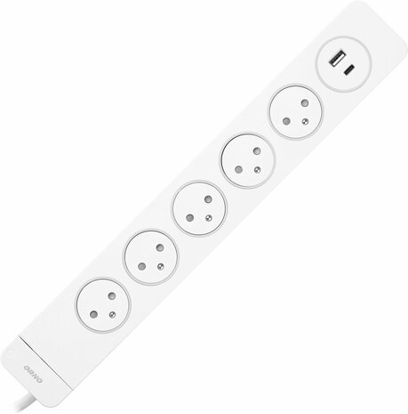 Orno - multiswitch stekker -Verlengkabel - Met randaarde - Stekkerdoos met SPD en 5 stopcontacten 2P+E, Easy Eject-systeem, 1,5 m kabel, Max 3680 W , 3x 1,5 mm&sup2; hoofdschakelaar met achtergrondverlichting en 2 snelle USB-laders (A +